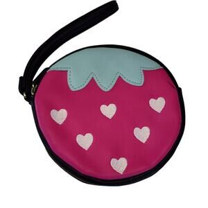 Betsey Johnson Strawberry Wristlet Bag with Hearts Hot Pink